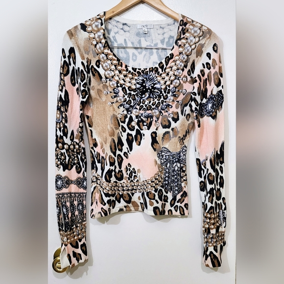 CACHE sizeS Leopard Print Pearl's Jewels & Bows Print Embellished w/ Rinestones - Picture 15 of 16